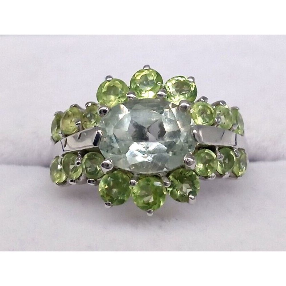 Smoky Quartz Green Peridot Ring Sterling Silver 925 Size 7 Prong Set Sparkly!